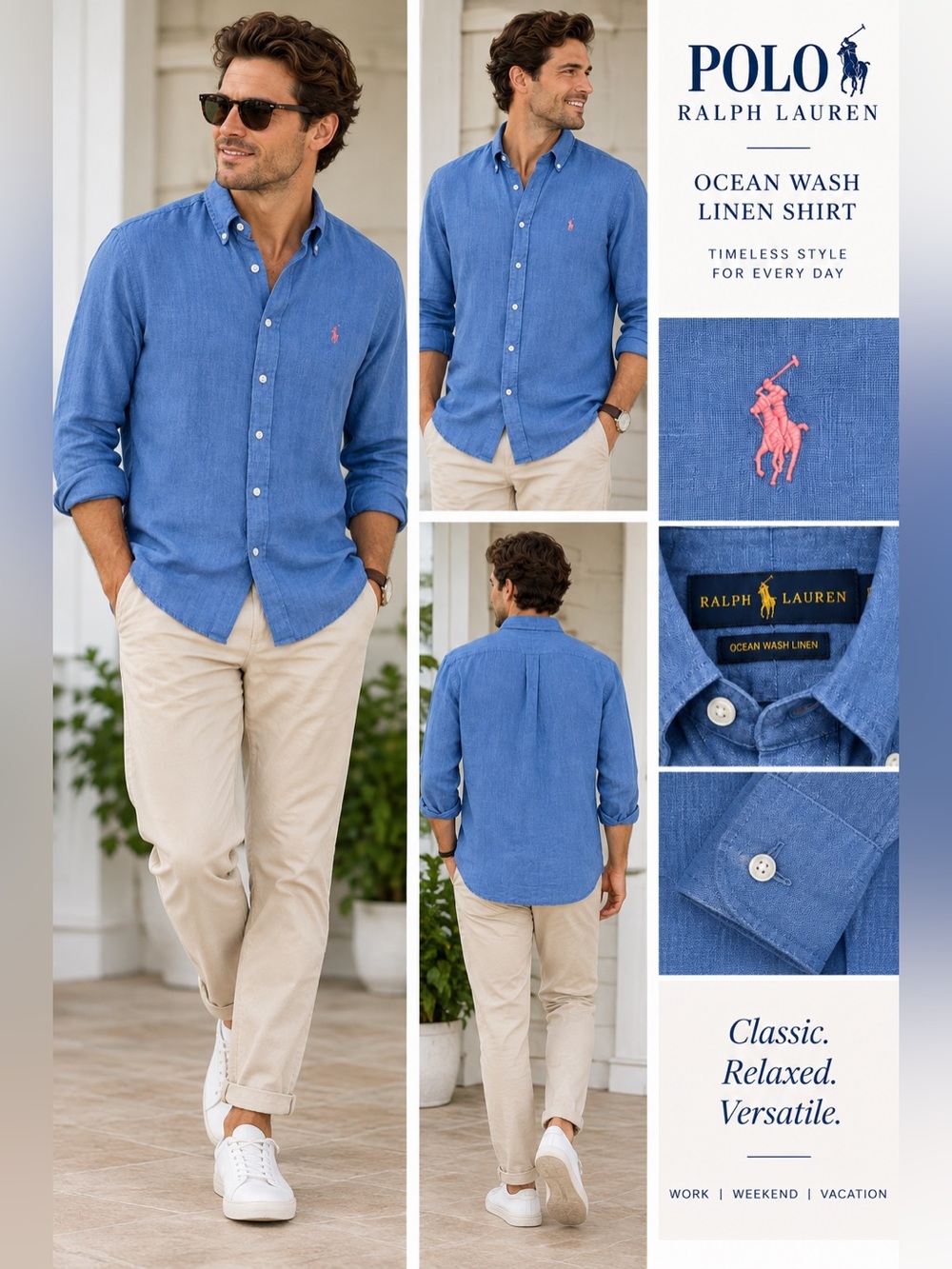 Polo Ralph Lauren Ocean Wash Linen Shirt Mens Large Blue Pink Pony Button Down